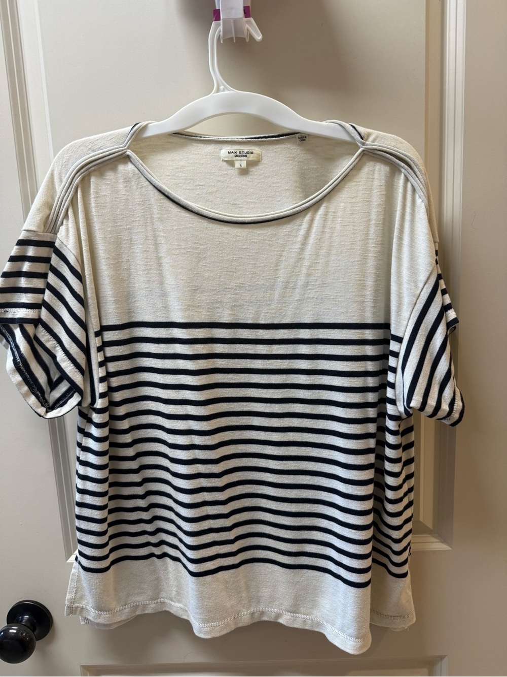 Max Studio Ivory and navy Striped Short Sleeve Top